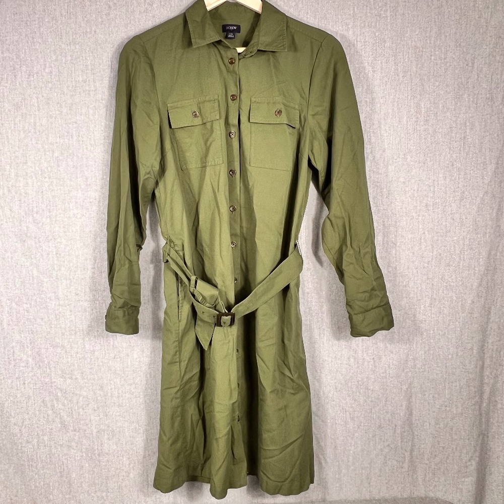 J. Crew Re-imagined Button Down Belted Shirt Dress 10 Hunter Green Transition